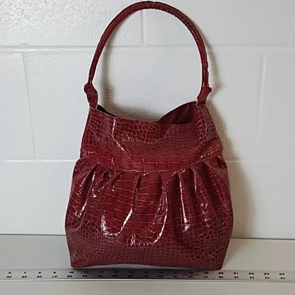 Burgundy Croc Embossed Handbag Purse Magnetic Snap Closure Approx 11"X10" - Picture 11 of 16